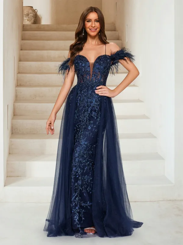 Sheath/Column Off-the-Shoulder Spaghetti Straps Maxi Tulle Evening Dresses with Feathers & Appliques sold by Lavetir