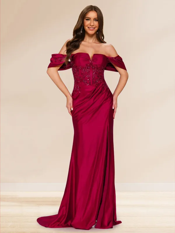Sheath/Column Off-the-Shoulder Sweep Brush Train Evening Dresses with Split Side & Appliques sold by Lavetir