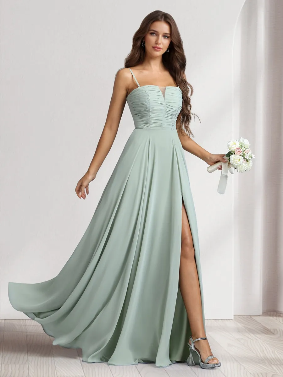A-Line/Princess Spaghetti Straps Sleeveless Floor-Length Ruched Bridesmaid Dresses With Split Side sold by Lavetir product image thumbnail 3