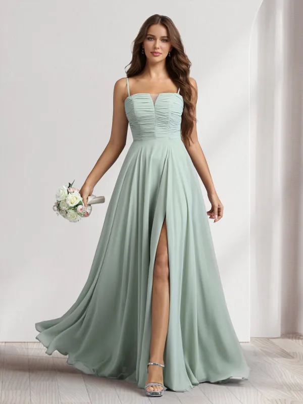 A-Line/Princess Spaghetti Straps Sleeveless Floor-Length Ruched Bridesmaid Dresses With Split Side sold by Lavetir