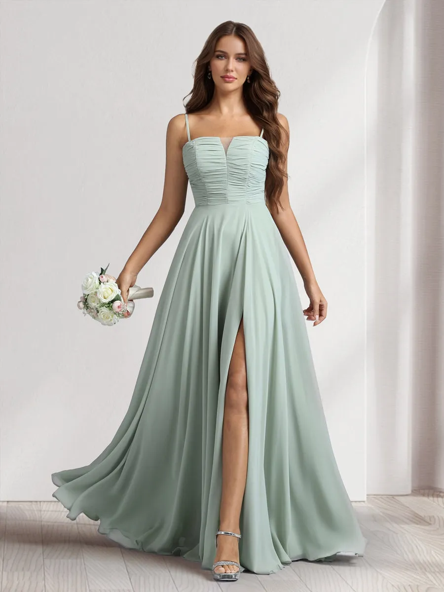 A-Line/Princess Spaghetti Straps Sleeveless Floor-Length Ruched Bridesmaid Dresses With Split Side sold by Lavetir