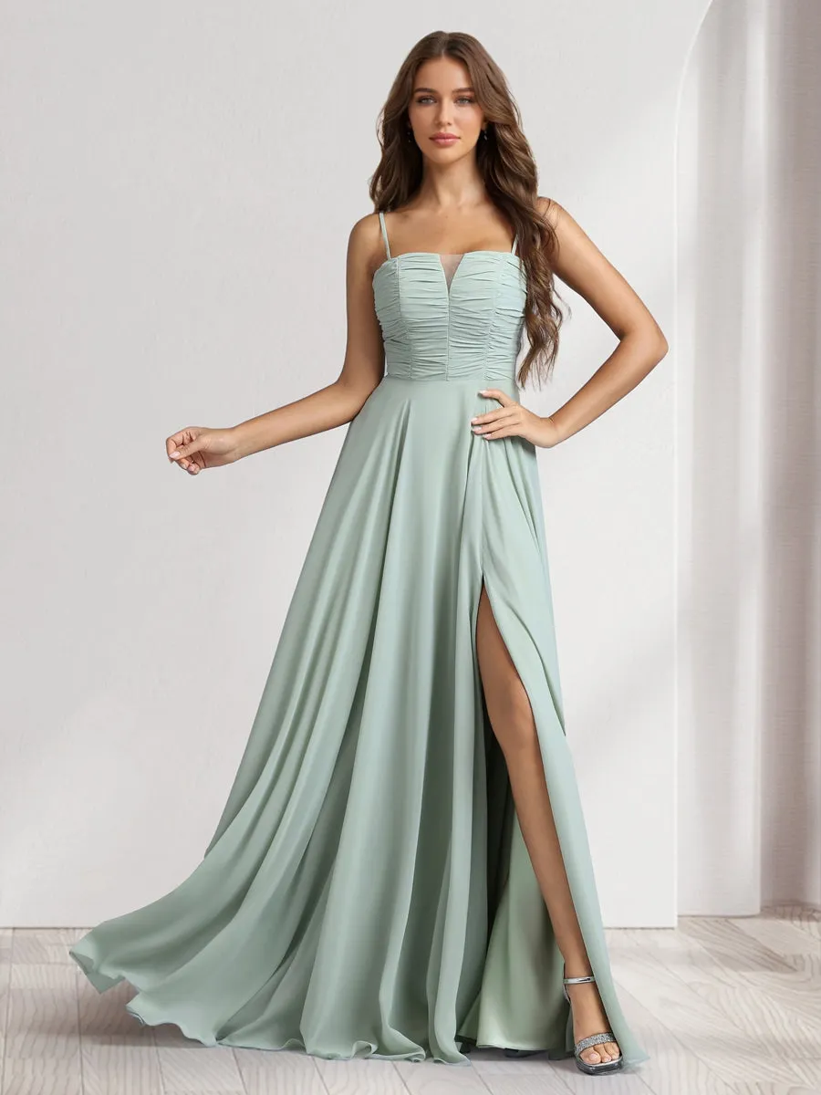 A-Line/Princess Spaghetti Straps Sleeveless Floor-Length Ruched Bridesmaid Dresses With Split Side sold by Lavetir product image thumbnail 5