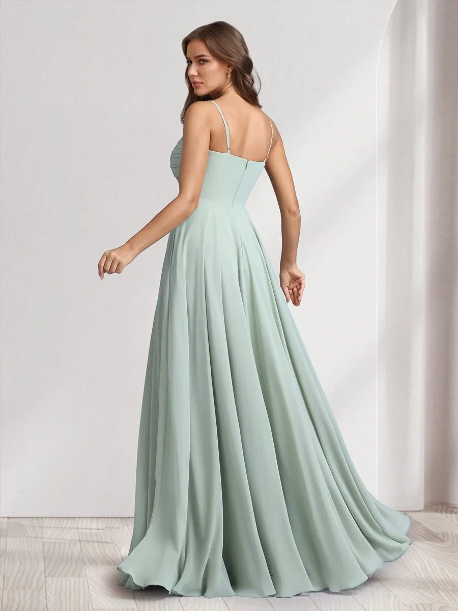 A-Line/Princess Spaghetti Straps Sleeveless Floor-Length Ruched Bridesmaid Dresses With Split Side sold by Lavetir product image thumbnail 2