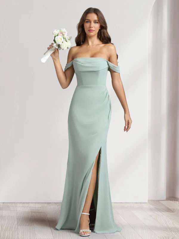 Sheath/Column Off-the-Shoulder Long Bridesmaid Dresses with Split Side sold by Lavetir
