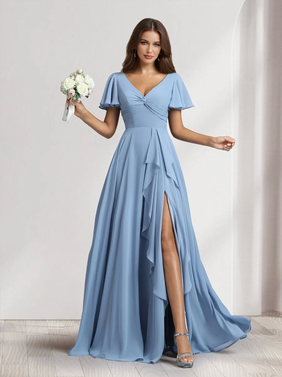 A-Line/Princess V-Neck Short Sleeves Floor-Length Bridesmaid Dresses With Ruffles & Split Side sold by Lavetir product image thumbnail 4
