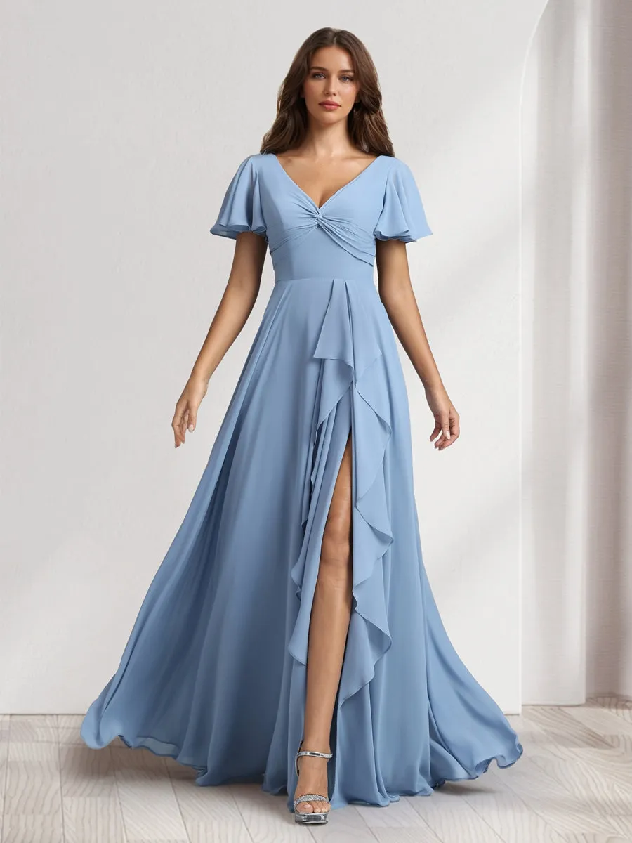 A-Line/Princess V-Neck Short Sleeves Floor-Length Bridesmaid Dresses With Ruffles & Split Side sold by Lavetir