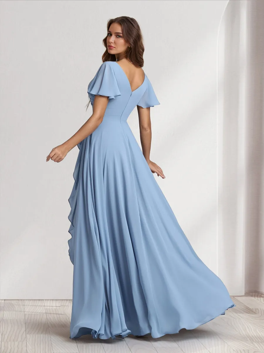 A-Line/Princess V-Neck Short Sleeves Floor-Length Bridesmaid Dresses With Ruffles & Split Side sold by Lavetir product image thumbnail 2