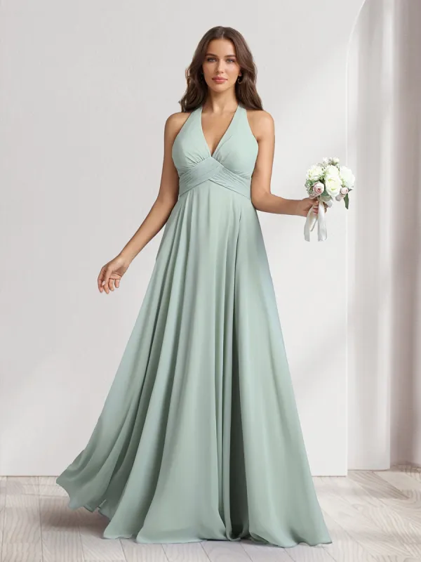 A-Line V-Neck Halter Sleeveless Floor-Length Bridesmaid Dresses With Pleats sold by Lavetir