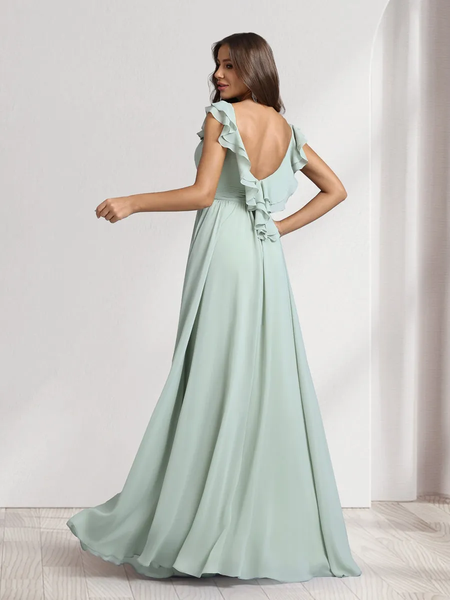 A-Line/Princess V-Neck Floor-Length Bridesmaid Dresses With Ruffles & Pleats sold by Lavetir product image thumbnail 2