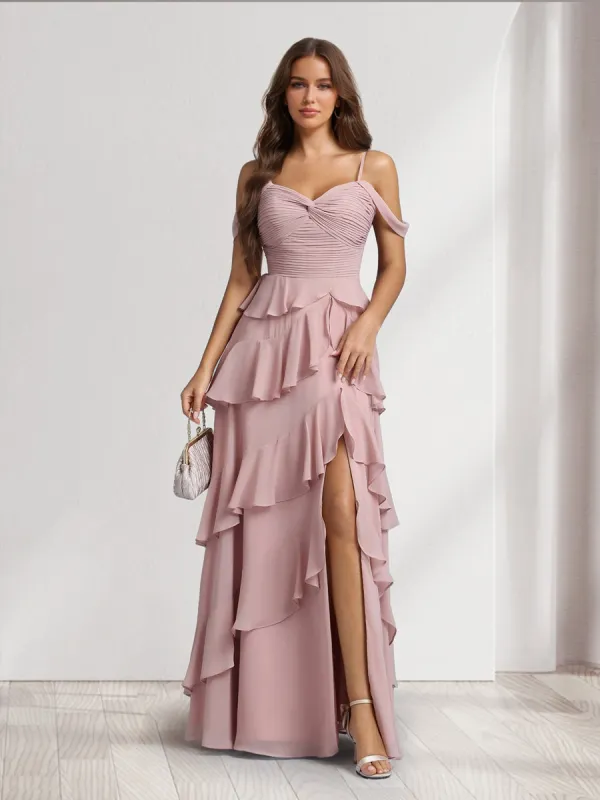 A-Line/Princess Off-the-Shoulder Spaghetti Straps Sleeveless Floor-Length Bridesmaid Dresses With Ruffles & Side Slit sold by Lavetir