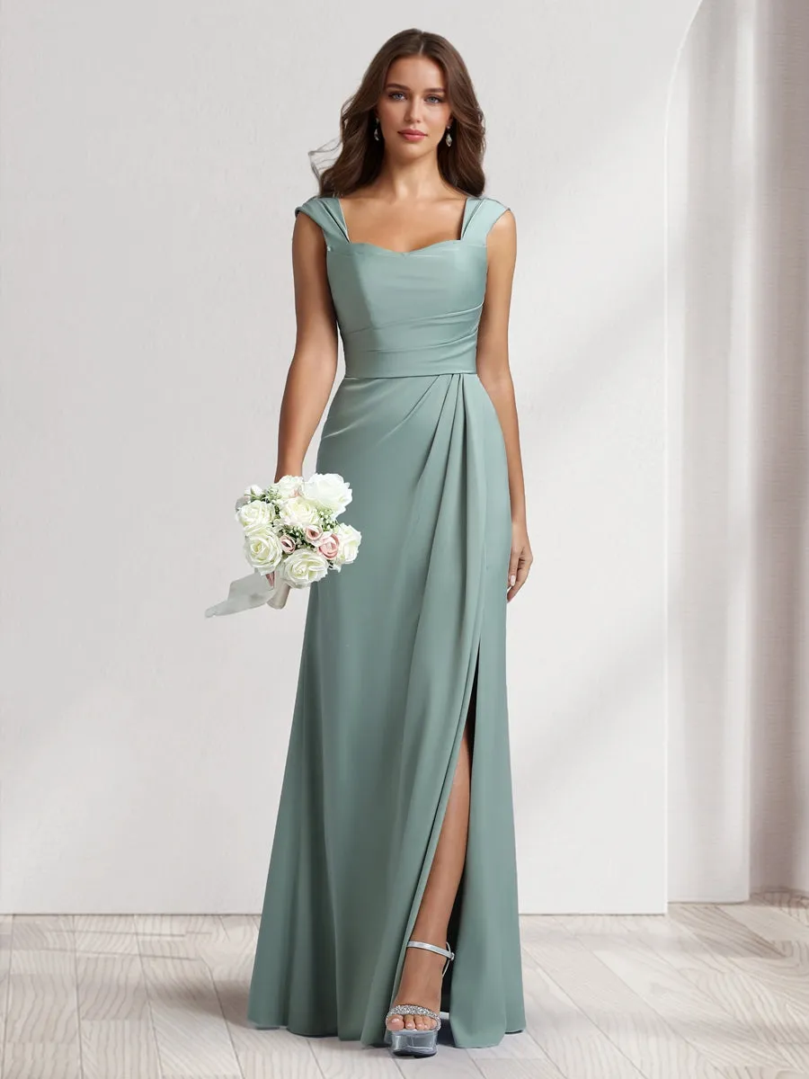 Sheath/Column Square Neck Long Ruched Bridesmaid Dresses with Split Side sold by Lavetir
