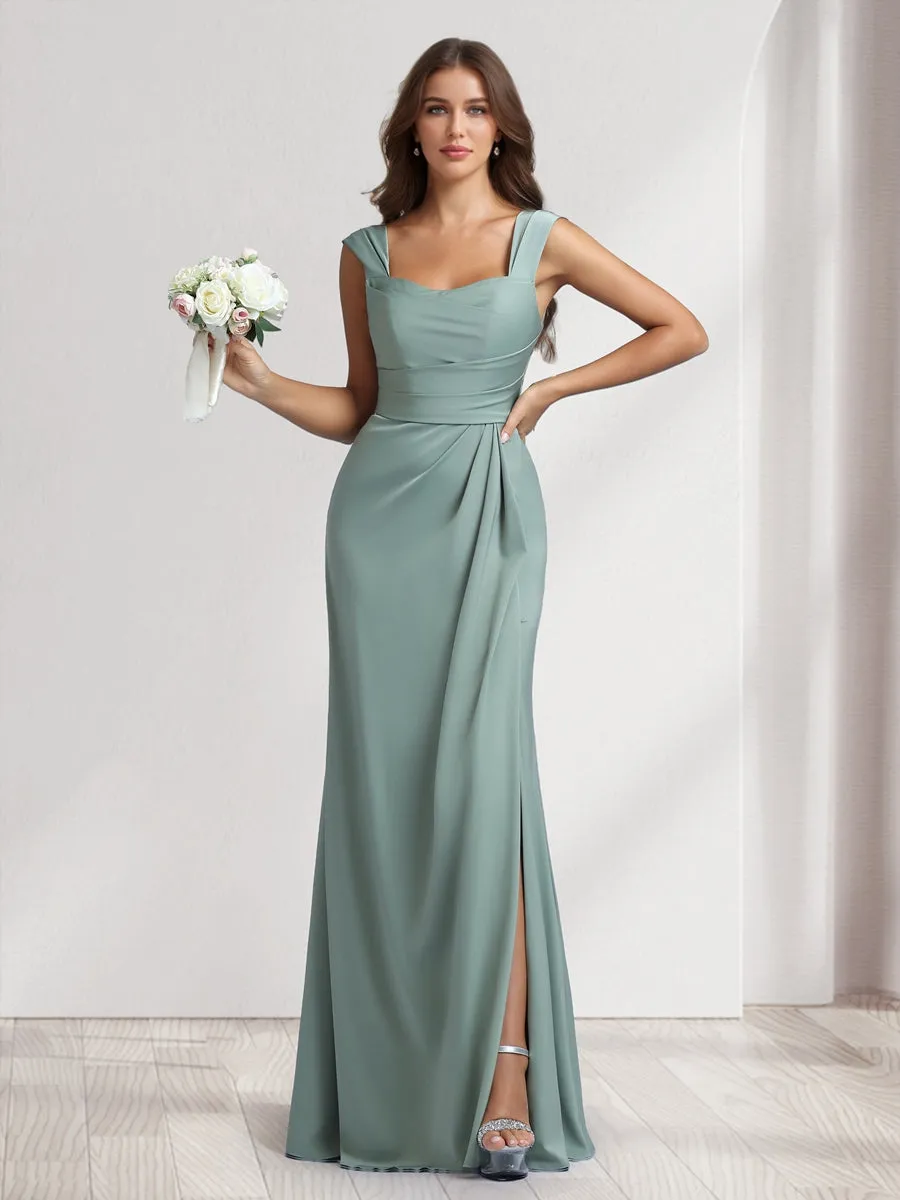 Sheath/Column Square Neck Long Ruched Bridesmaid Dresses with Split Side sold by Lavetir product image thumbnail 3