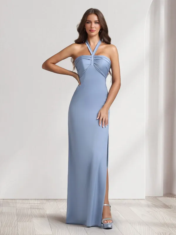 Sheath/Column Halter Dresses Long Ruched Bridesmaid Dresses with Split Side sold by Lavetir