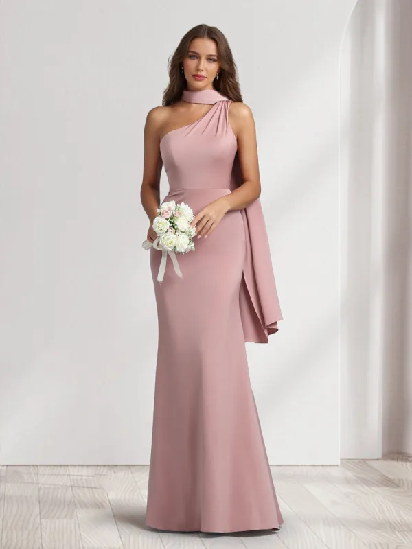 Sheath/Column Halter Maxi Dresses Long Bridesmaid Dresses with Neck Scarf sold by Lavetir