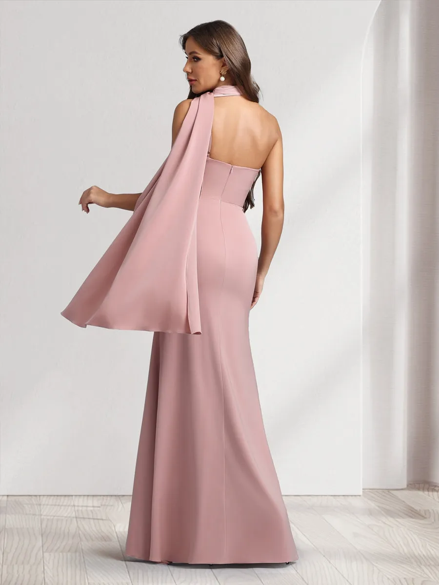 Sheath/Column Halter Maxi Dresses Long Bridesmaid Dresses with Neck Scarf sold by Lavetir product image thumbnail 2