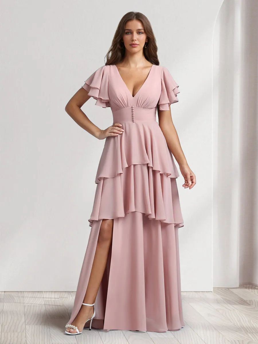 A-Line/Princess V-Neck Short Sleeves Bridesmaid Dresses With Cascading Ruffles & Split Side sold by Lavetir product image thumbnail 3