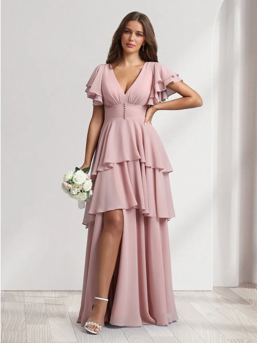A-Line/Princess V-Neck Short Sleeves Bridesmaid Dresses With Cascading Ruffles & Split Side sold by Lavetir product image thumbnail 4