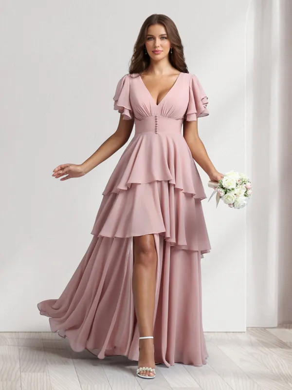 A-Line/Princess V-Neck Short Sleeves Bridesmaid Dresses With Cascading Ruffles & Split Side sold by Lavetir