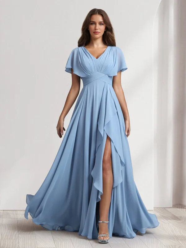 A-Line/Princess V-Neck Short Sleeves Bridesmaid Dresses With Ruffles & Split Side sold by Lavetir