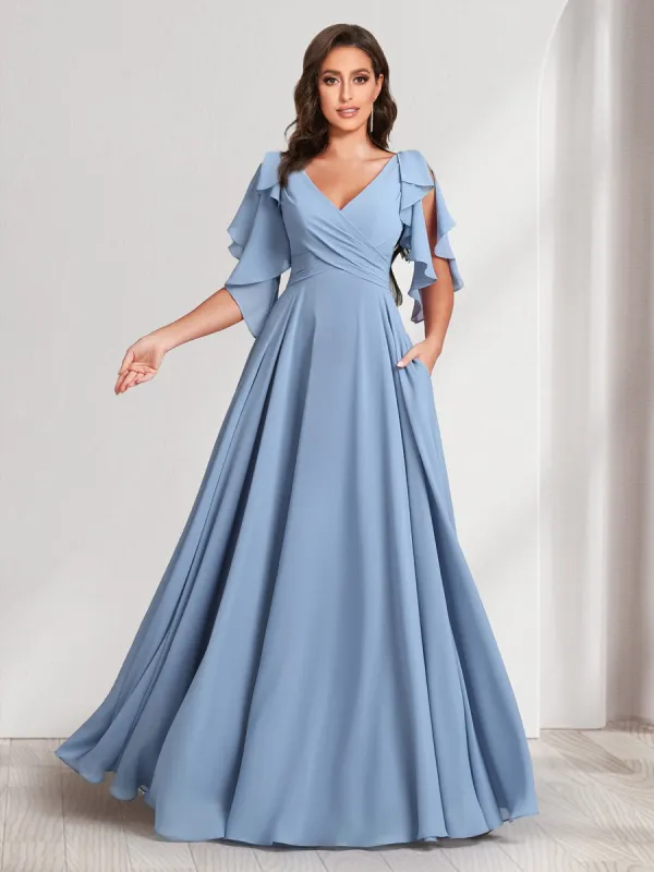 A-Line/Princess V-Neck Short Sleeves Long Bridesmaid Dresses With Ruffles & Belt sold by Lavetir