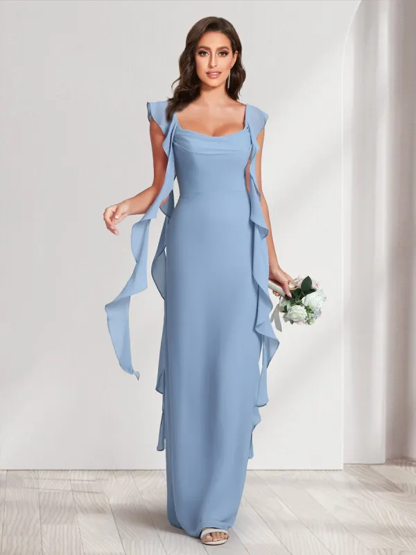 Sheath/Column Scoop Floor-Length Bridesmaid Dresses with Ruffle Straps sold by Lavetir