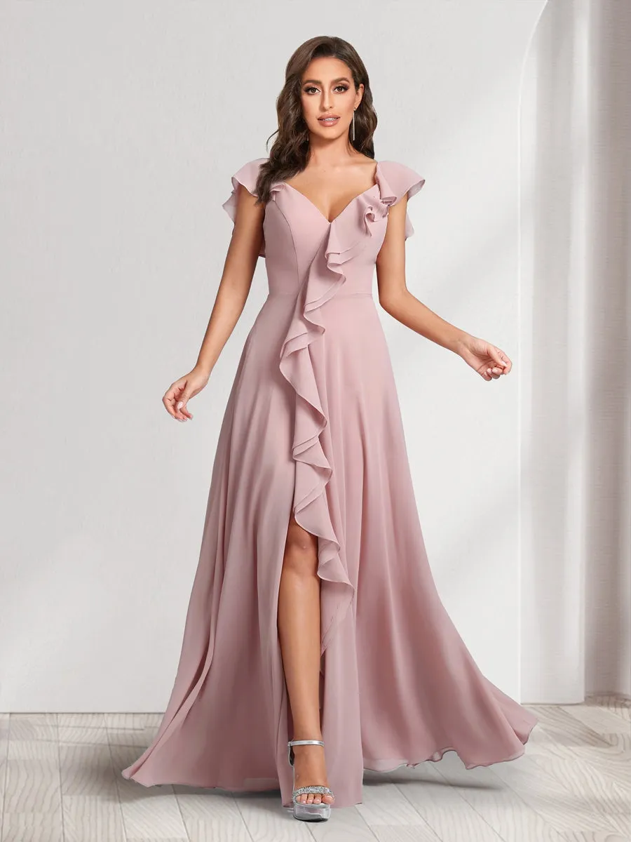 A-Line/Princess V-Neck Short Sleeves Bridesmaid Dresses With Ruffles & Split Side sold by Lavetir product image thumbnail 3