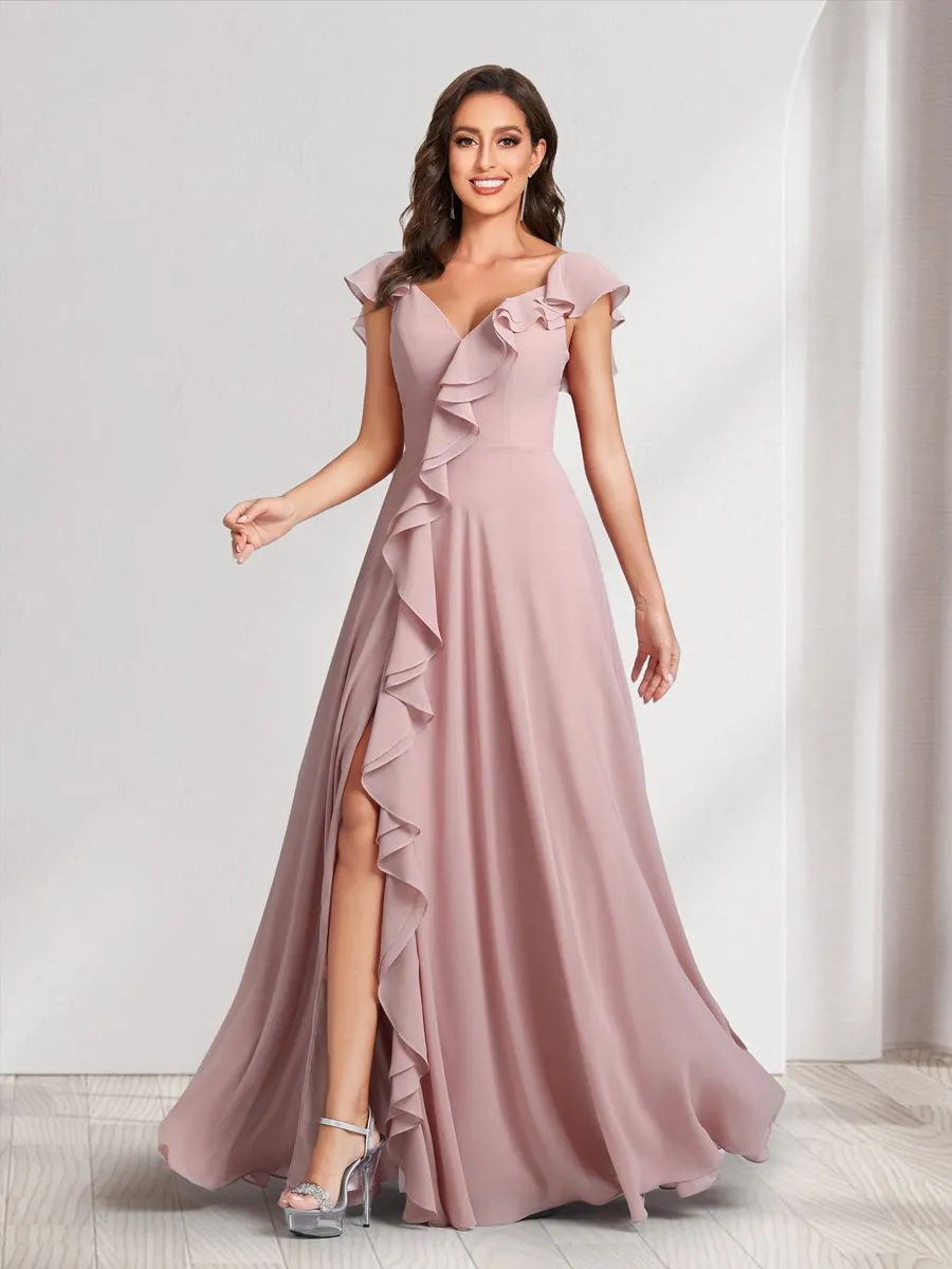 A-Line/Princess V-Neck Short Sleeves Bridesmaid Dresses With Ruffles & Split Side sold by Lavetir product image thumbnail 4