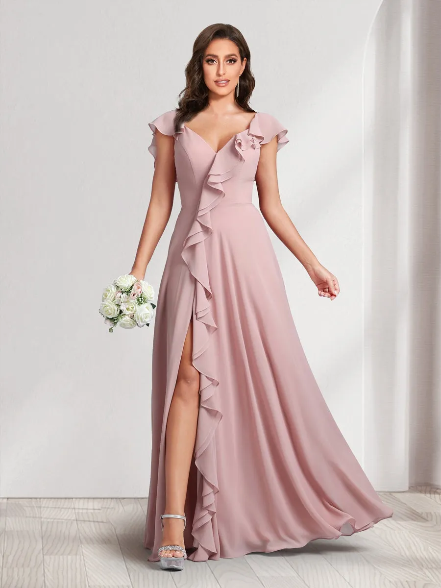 A-Line/Princess V-Neck Short Sleeves Bridesmaid Dresses With Ruffles & Split Side sold by Lavetir