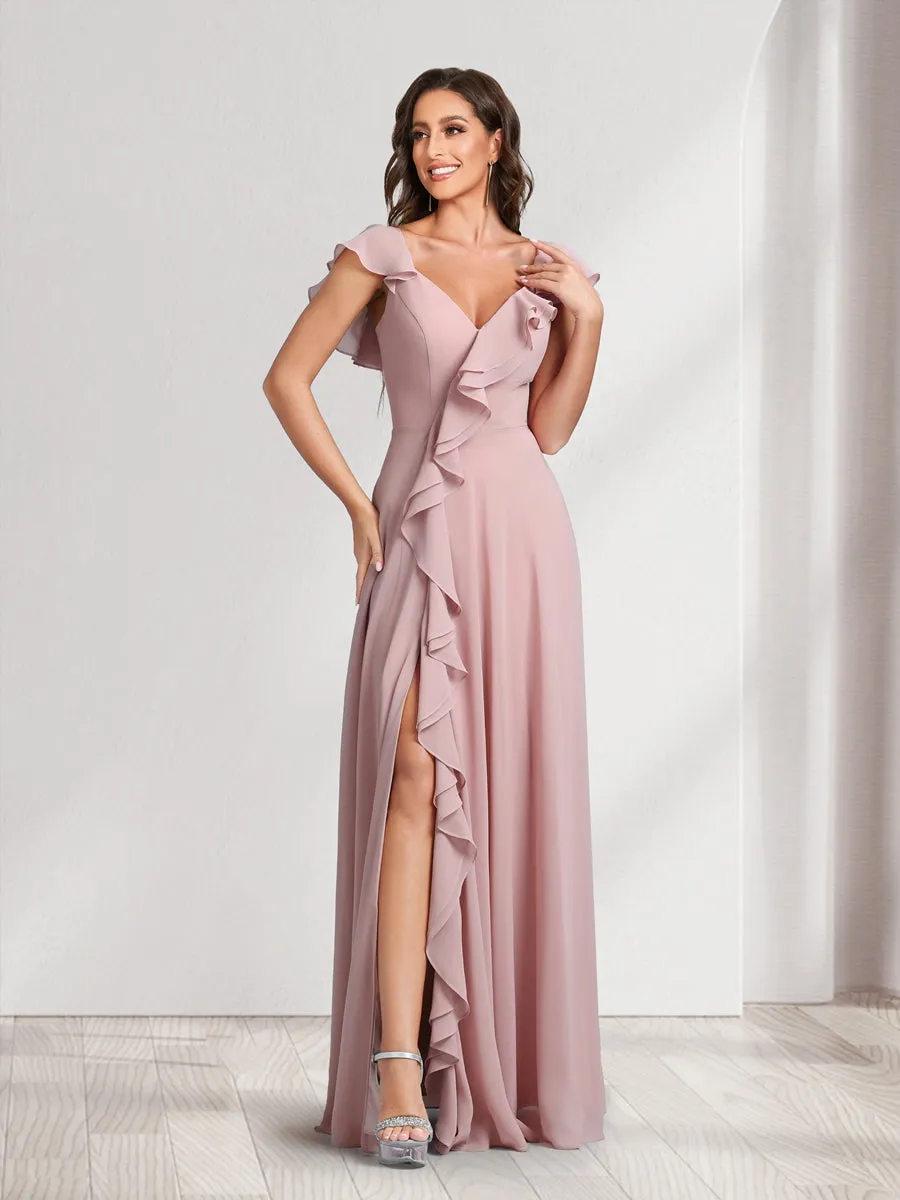 A-Line/Princess V-Neck Short Sleeves Bridesmaid Dresses With Ruffles & Split Side sold by Lavetir product image thumbnail 5