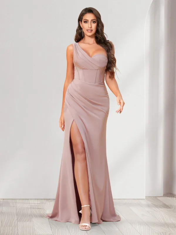 Trumpet/Mermaid One Shoulder Floor Length Ruched Bridesmaid Dresses with Split Side sold by Lavetir