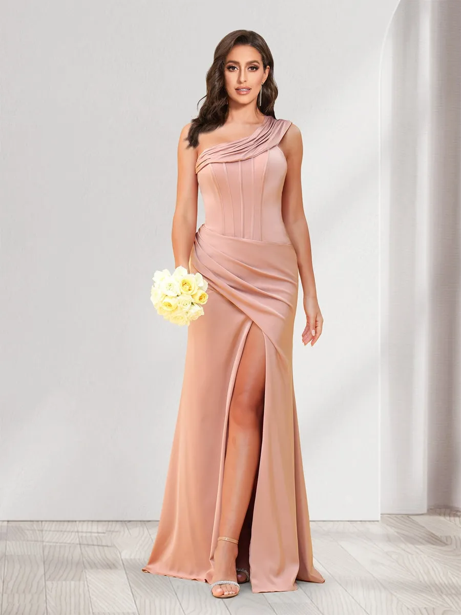 Sheath/Column One-Shoulder Floor-Length Ruched Bridesmaid Dresses with Split Side sold by Lavetir product image thumbnail 5