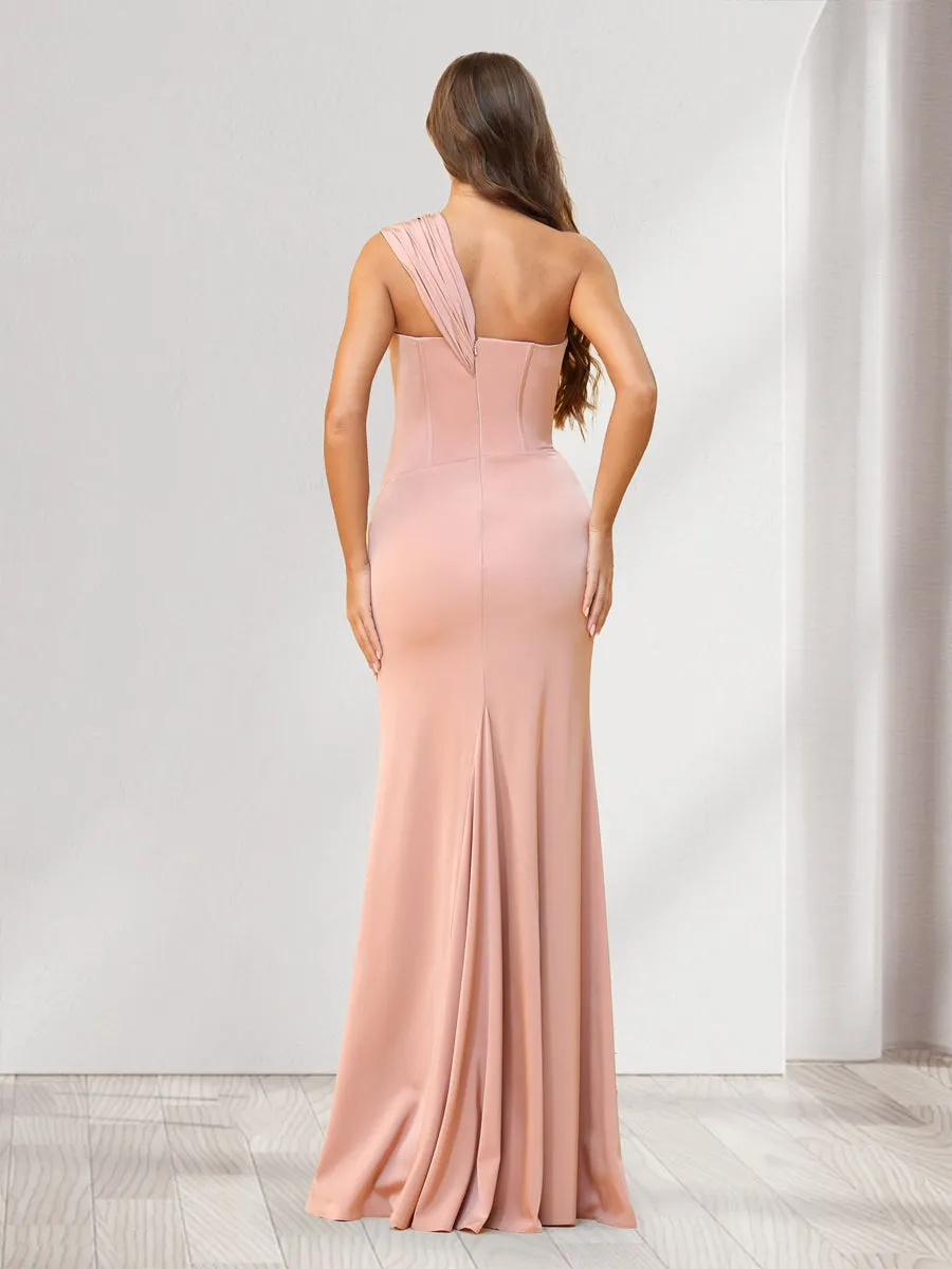 Sheath/Column One-Shoulder Floor-Length Ruched Bridesmaid Dresses with Split Side sold by Lavetir product image thumbnail 2