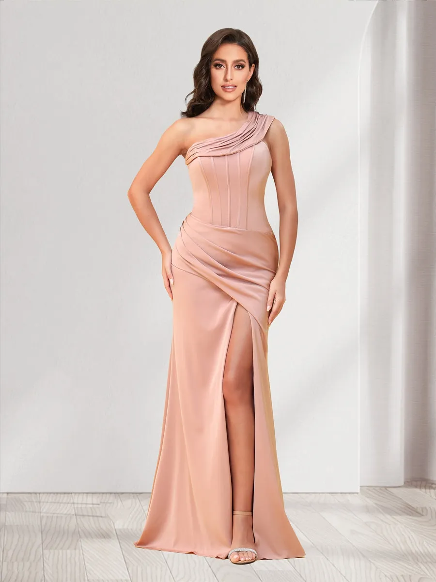 Sheath/Column One-Shoulder Floor-Length Ruched Bridesmaid Dresses with Split Side sold by Lavetir product image thumbnail 3