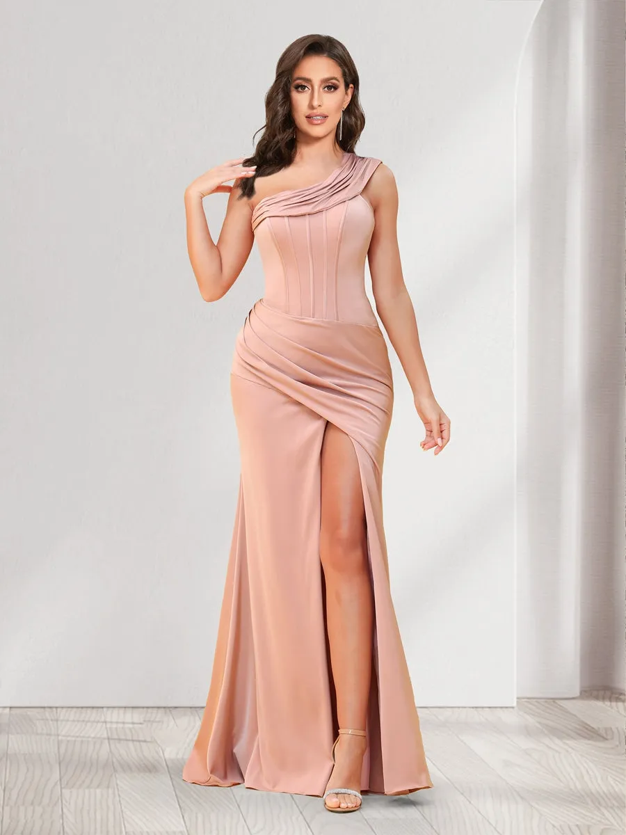 Sheath/Column One-Shoulder Floor-Length Ruched Bridesmaid Dresses with Split Side sold by Lavetir product image thumbnail 4