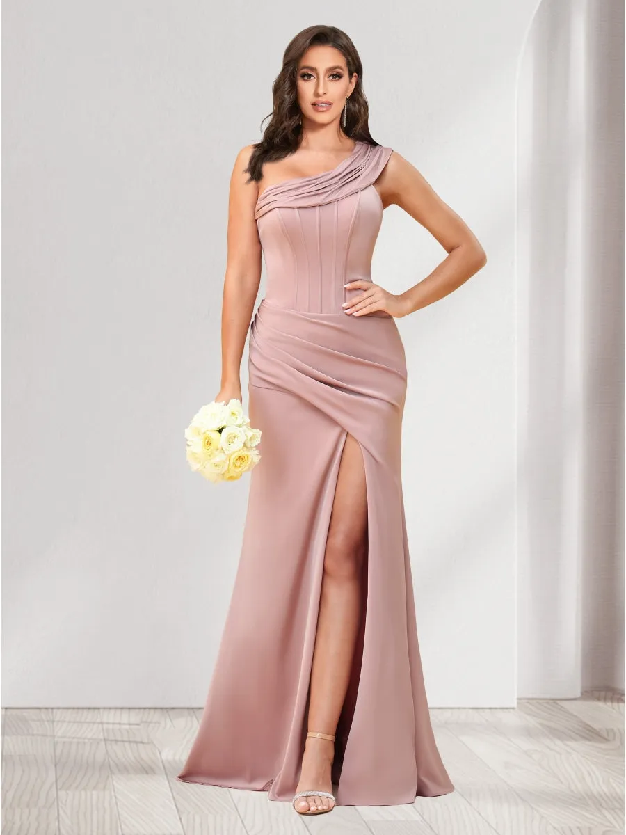 Sheath/Column One-Shoulder Floor-Length Ruched Bridesmaid Dresses with Split Side sold by Lavetir