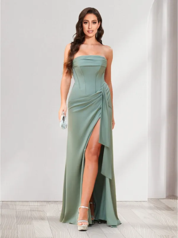 Sheath/Column Strapless Floor-Length Bridesmaid Dresses with Split Side & Ruffles sold by Lavetir