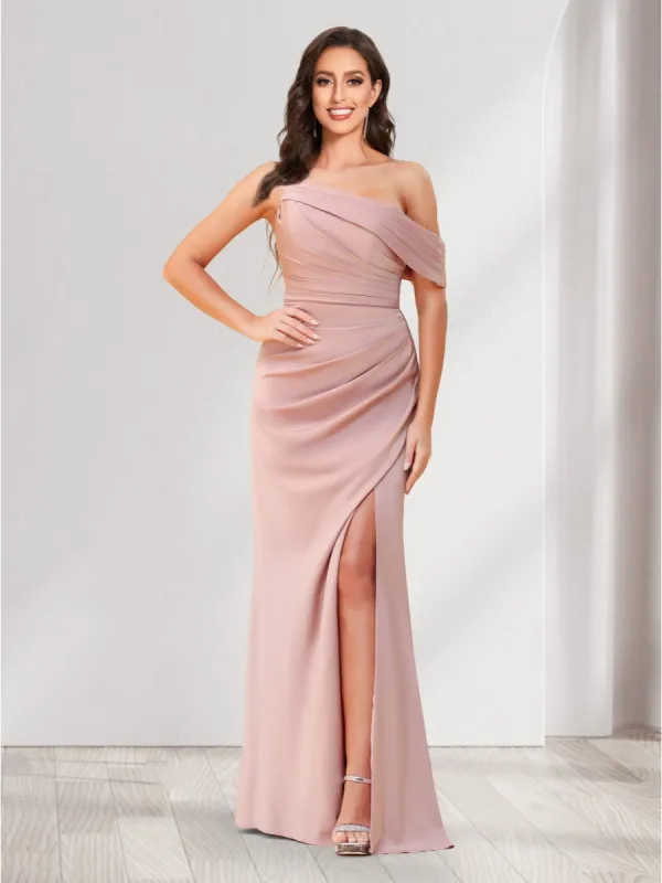 Sheath/Column One-Shoulder Floor-Length Ruched Bridesmaid Dresses with Split Side sold by Lavetir