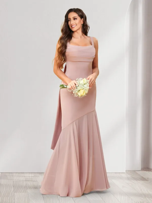 Trumpet/Mermaid Square Neck Floor-Length Ruched Bridesmaid Dresses With Shoulder Sash Tie sold by Lavetir