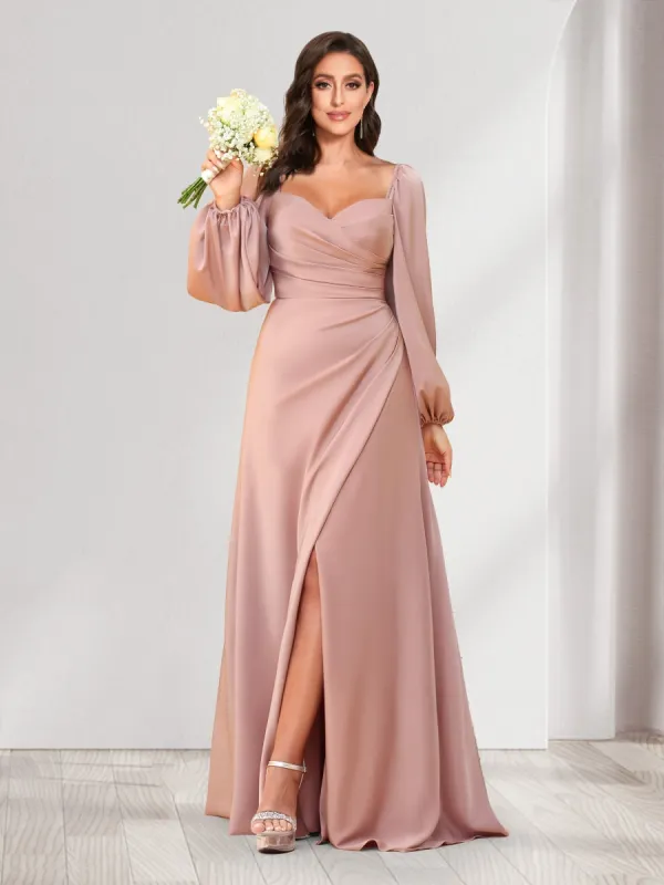 A-Line/Princess Sweetheart Long Sleeves Floor-Length Ruched Bridesmaid Dresses With Split Side sold by Lavetir