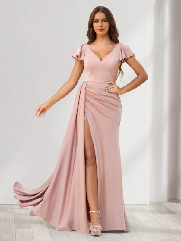 Sheath/Column V-Neck Floor-Length Ruched Bridesmaid Dresses With Ruffles & Split Side sold by Lavetir