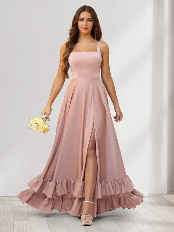 A-Line/Princess Square Neck Floor-Length Bridesmaid Dresses With Ruffles & Split Side sold by Lavetir
