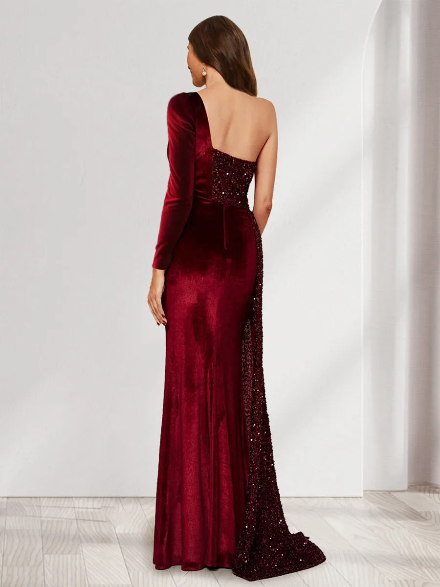 Sheath/Column One-Shoulder Floor-Length Velvet Evening Dresses with Sequins & Split Side sold by Lavetir product image thumbnail 2