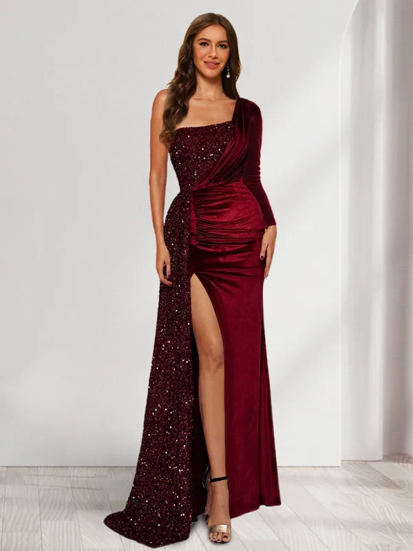 Sheath/Column One-Shoulder Floor-Length Velvet Evening Dresses with Sequins & Split Side sold by Lavetir
