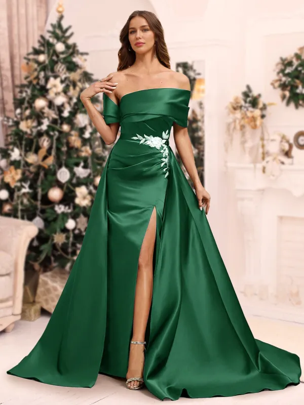 Sheath/Column Off the Shoulder Floor-Length Detachable Christmas Dresses with Overskirt & Appliques sold by Lavetir