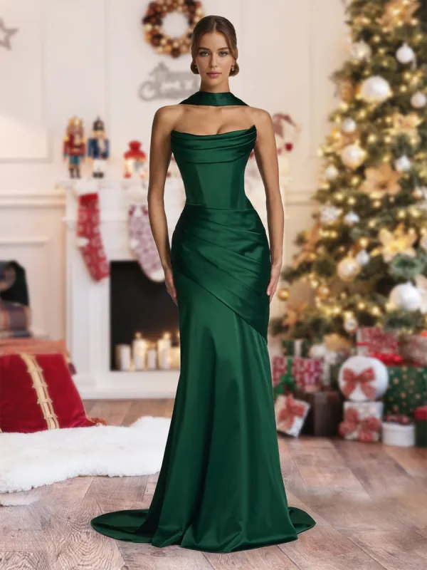 Sheath/Column Strapless Sleeveless Sweep train Ruched Christmas Dresses With Shawl sold by Lavetir