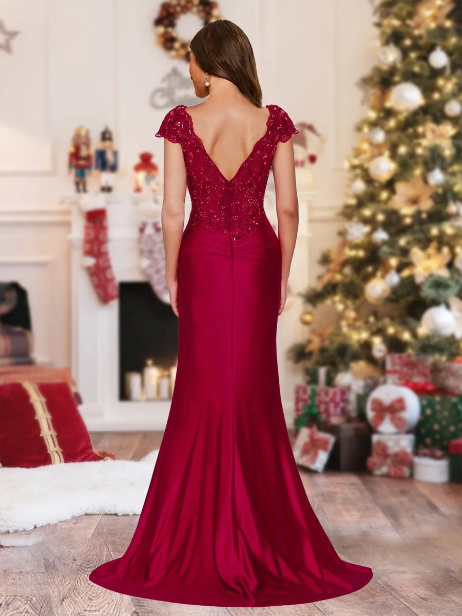 Sheath/Column V-Neck Sweep Brush Train Ruched Christmas Dresses with Sequin Appliques sold by Lavetir product image thumbnail 2