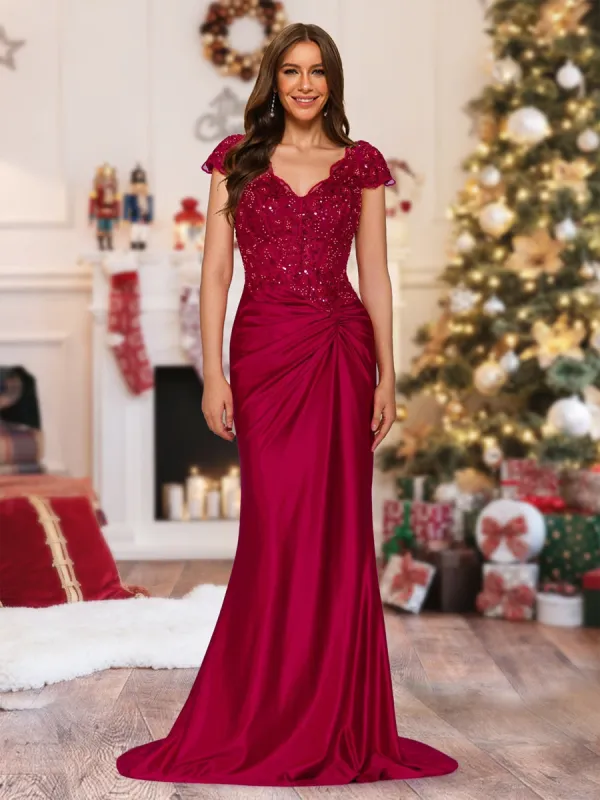 Sheath/Column V-Neck Sweep Brush Train Ruched Christmas Dresses with Sequin Appliques sold by Lavetir