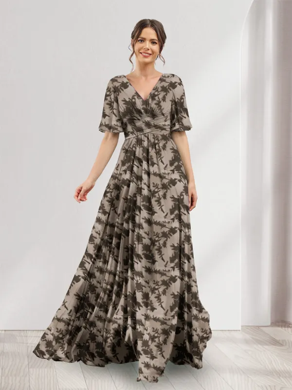 A-Line V-Neck Half Sleeves Floral Bridesmaid Dresses With Pockets & Split Side sold by Lavetir