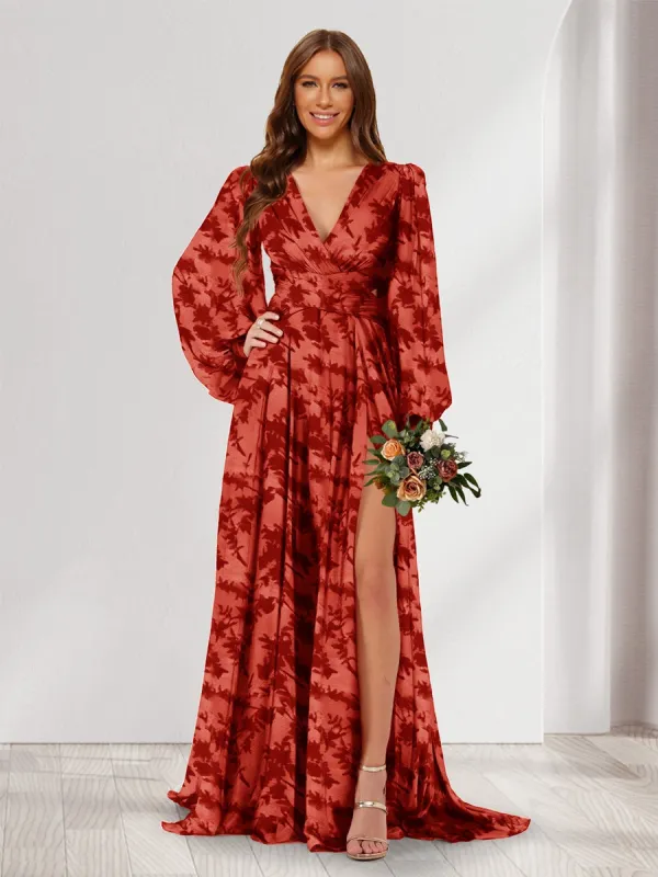 A-Line/Princess V-Neck Long Sleeves Floor Length Bridesmaid Dresses with Split Side sold by Lavetir