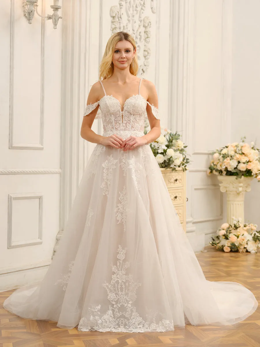 Off-the-Shoulder Sleeveless Long Tulle Wedding Dresses with Appliques sold by Lavetir